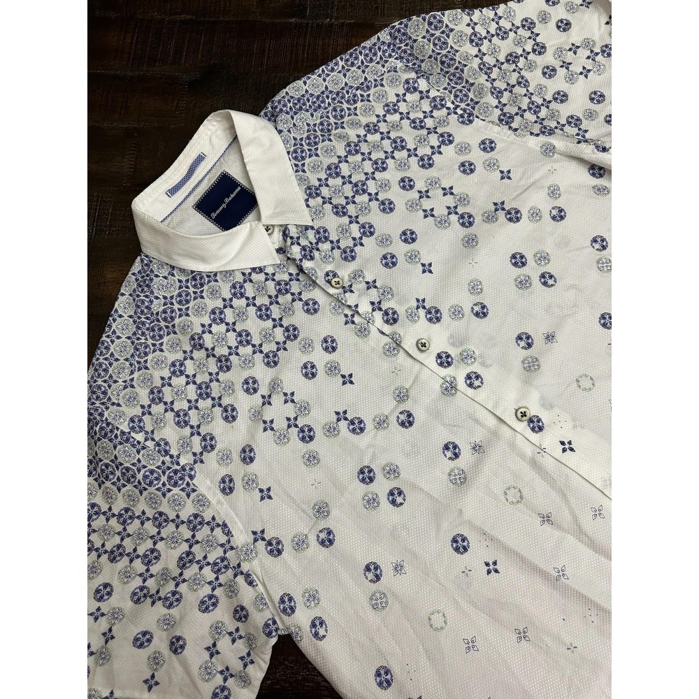 Tommy Bahama Shirt Mens Large White‎ Geometric Print Short Sleeve Cotton